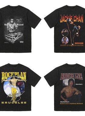 HKN龙年新款李小龙成龙合集黑色短袖T恤圆领纯棉休闲宽松潮流男女