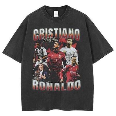 C罗纳尔多Ronaldo印花短袖足球人物嘻哈T恤重磅宽松水洗做旧上衣