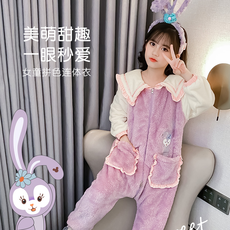 儿童连体衣睡衣女童春秋季法兰绒2021新款珊瑚绒家居