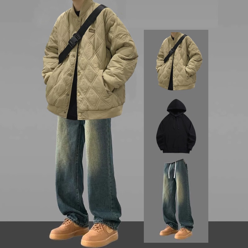 菱形格棉衣外套男春秋宽松休闲