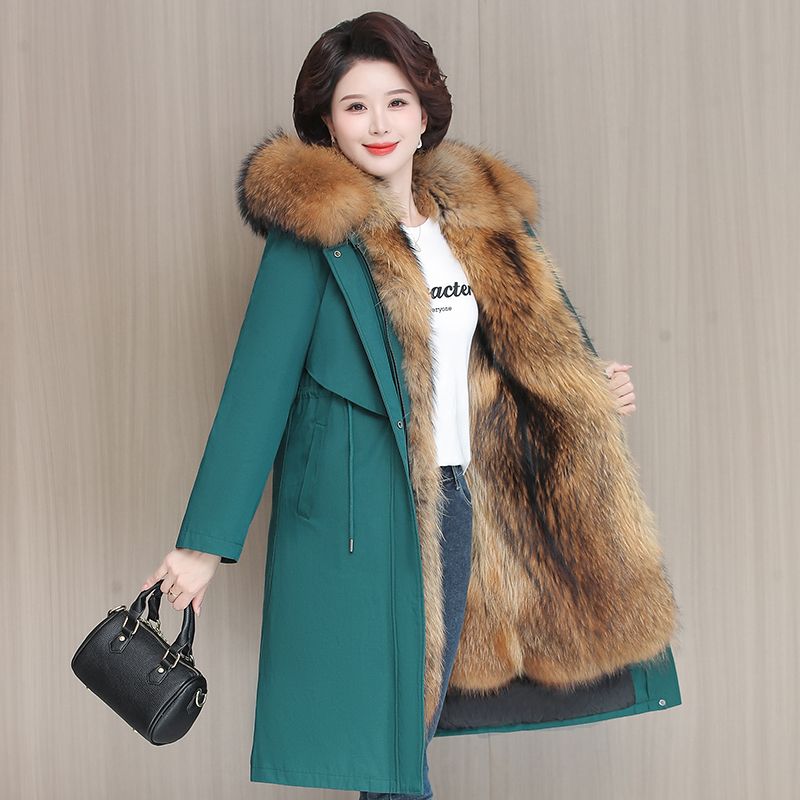 海宁特价皮毛一体派克服女可拆卸内胆冬季长款加绒加厚羽绒服皮草