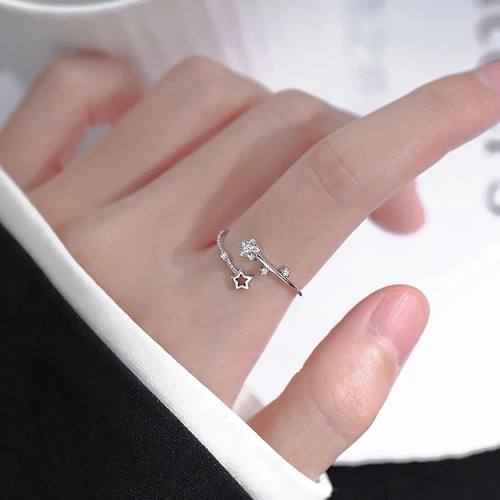 Korean Silver Color Shiny Five Pointed Star Rings for Women