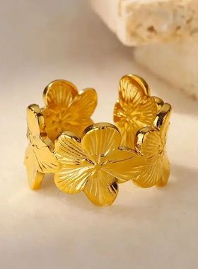 Stainless Steel Flower Rings for Women Men Gold Color Open V