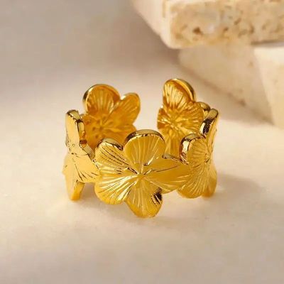 Stainless Steel Flower Rings for Women Men Gold Color Open V