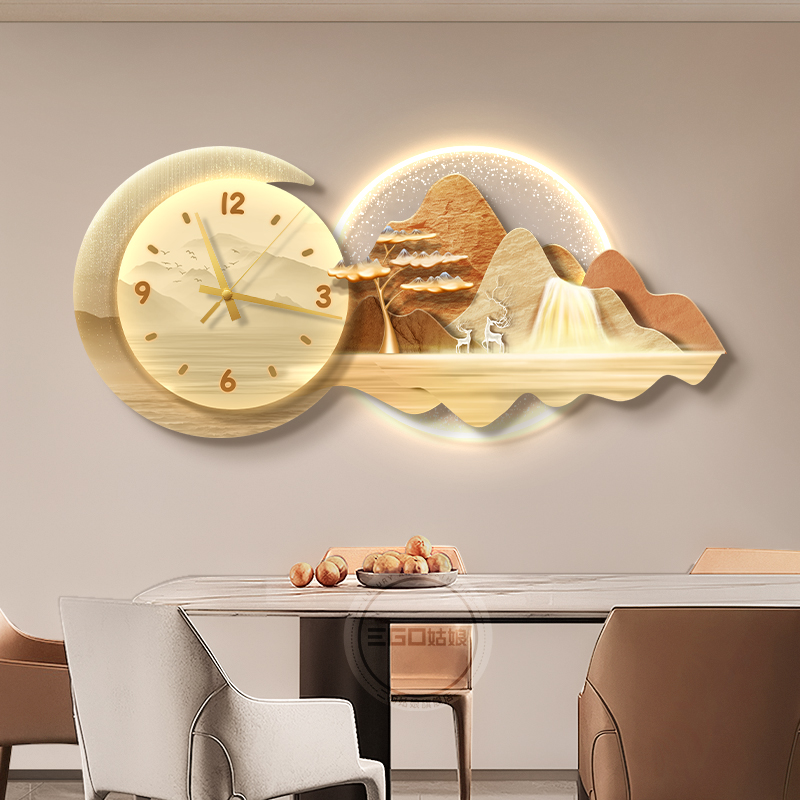 流水生财餐厅装饰画挂钟山水画饭厅高级感钟表壁画灯餐边柜厨房画