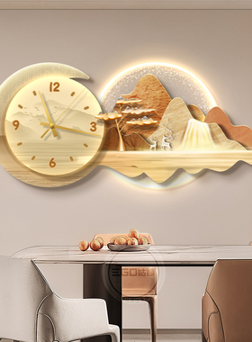 流水生财餐厅装饰画挂钟山水画饭厅高级感钟表壁画灯餐边柜厨房画