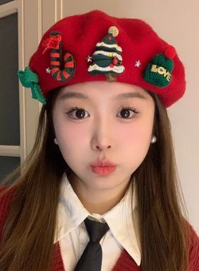 圣诞可爱头饰圣诞出片神器百搭画家帽子圣诞氛围感甜美红色贝雷帽
