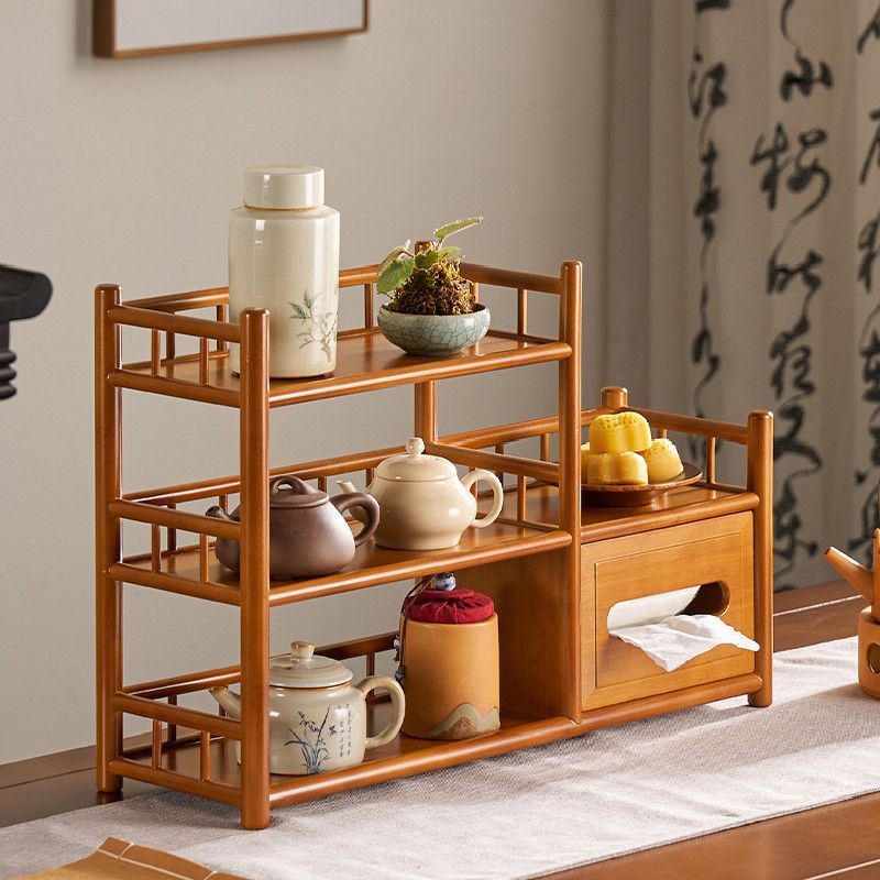 多功能纸巾盒茶具茶壶茶杯竹制置物架抽纸收纳一体架桌上小博古架