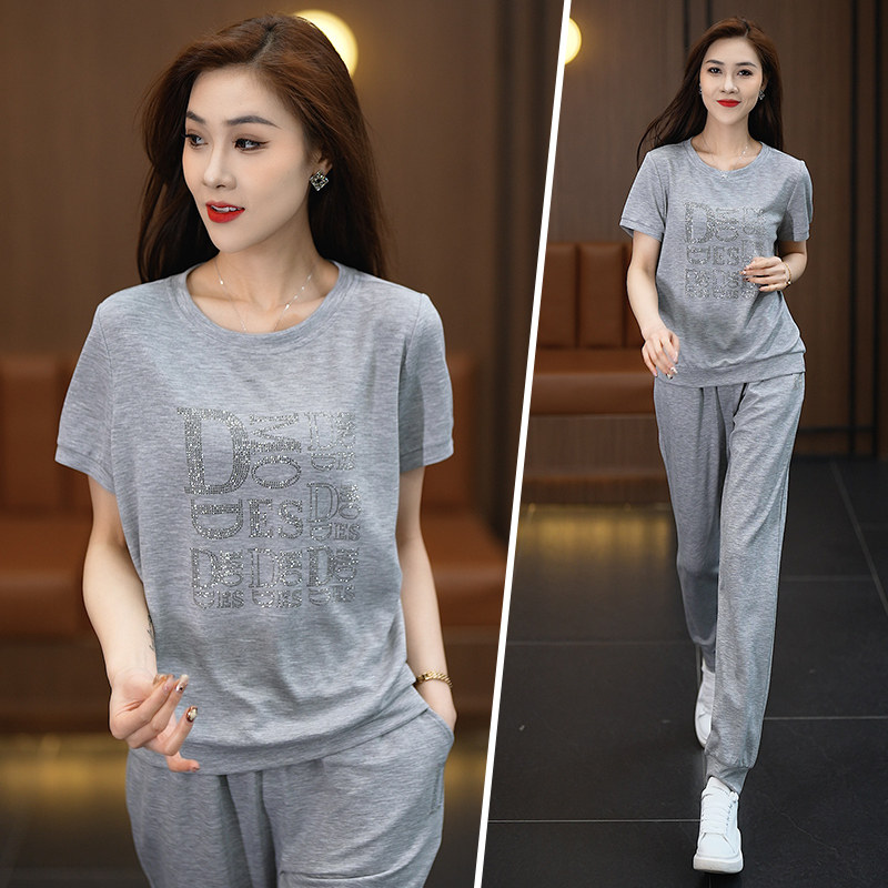 运动套装女夏装2026新款时尚韩国圆领短袖灰色洋气慵懒休闲运动服