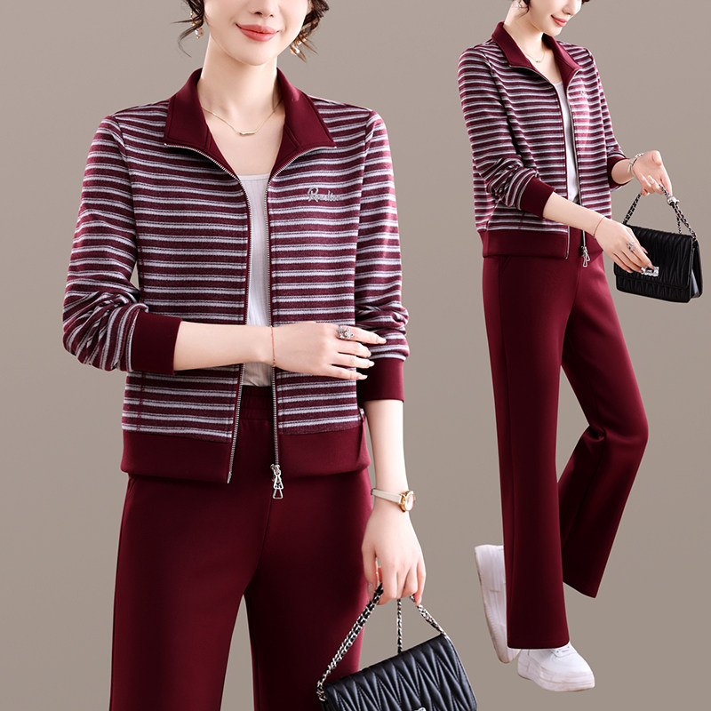 休闲风条纹开衫两件套女2026春季新款修身显瘦运动穿搭套装