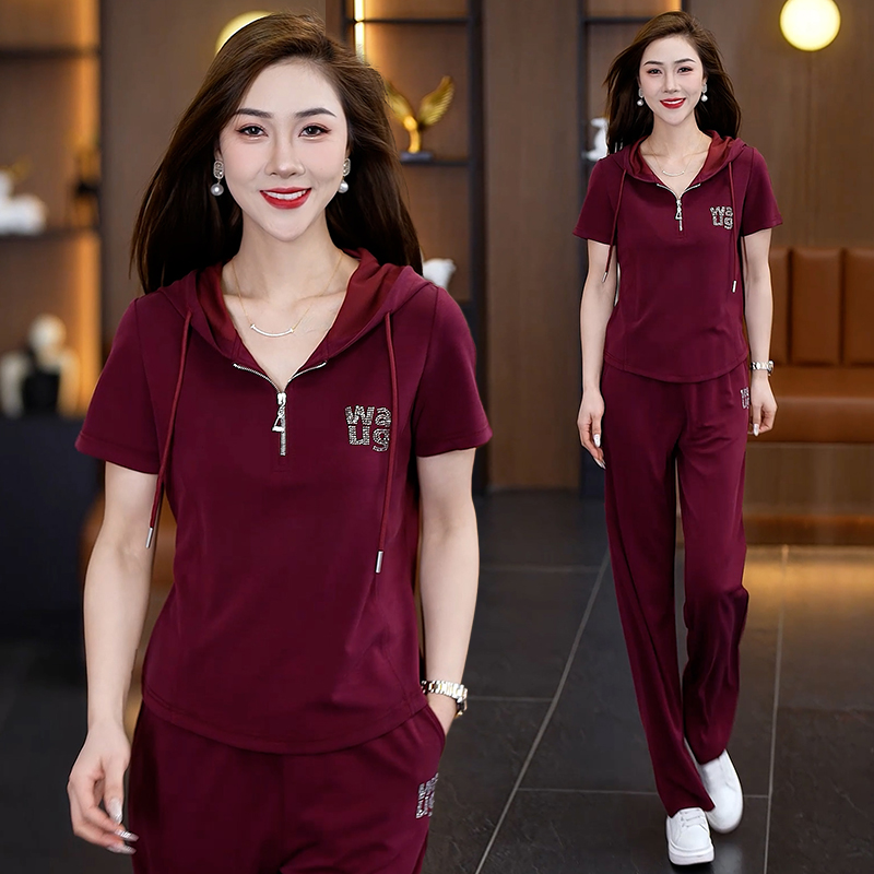 运动套装女2025夏季新款时尚洋气减龄冰丝连帽卫衣休闲透气两件套