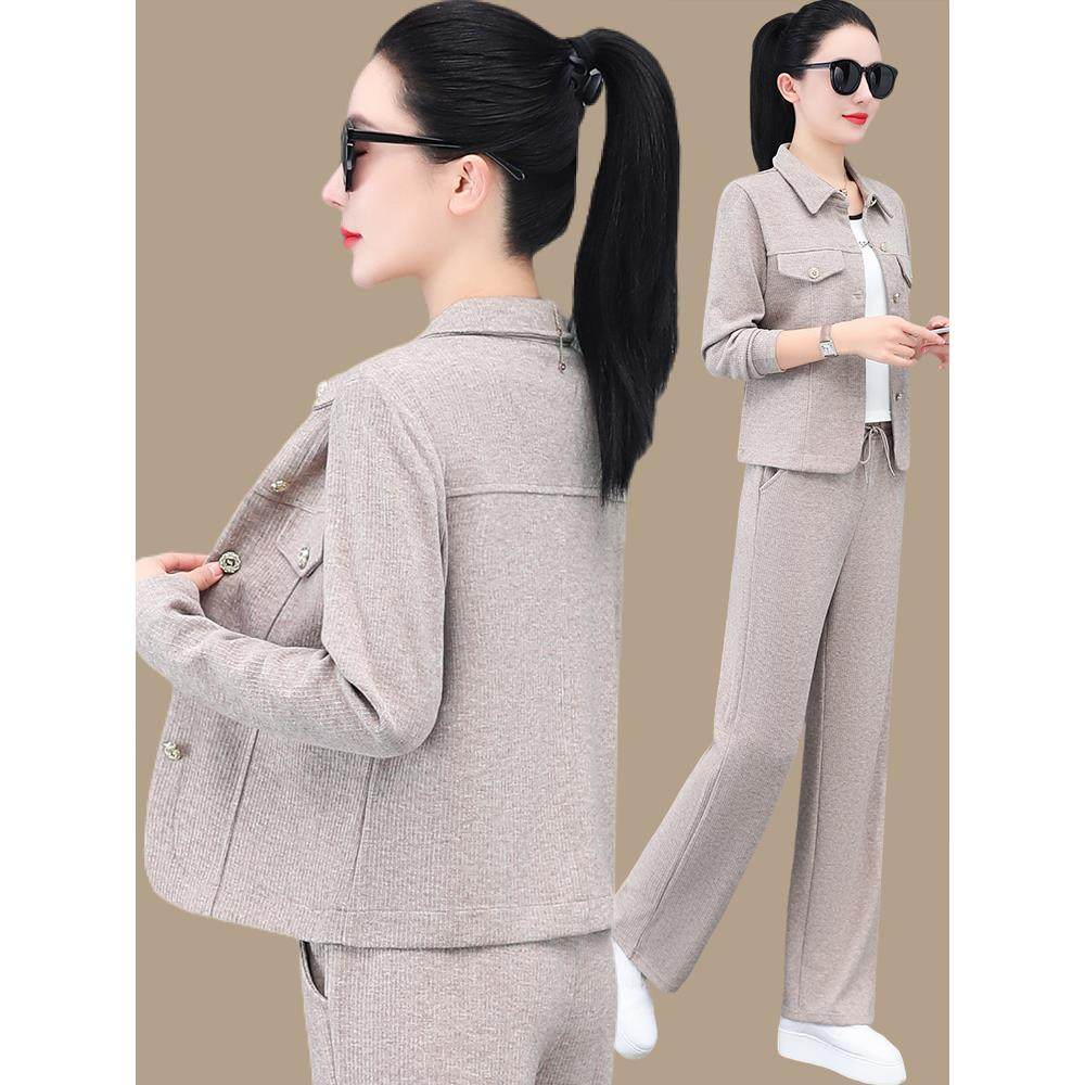 运动套装女春秋2025新款小个子时尚显瘦翻领上衣减龄阔腿裤两件套