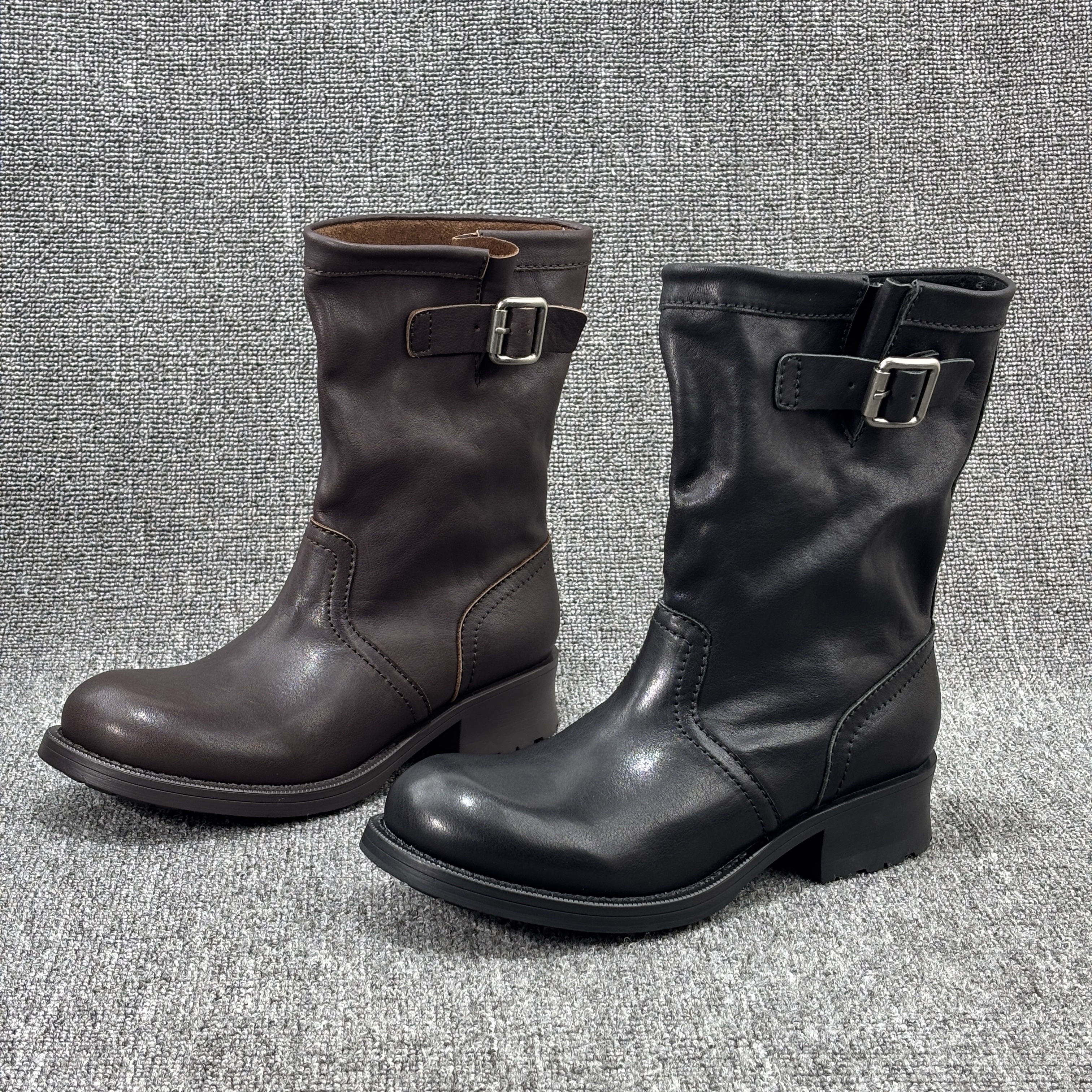 欧货真皮爆款女靴2025年新款厚底粗跟复古骑士靴欧洲站中筒马丁靴