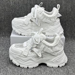 欧洲站透气蕾丝网面镂空老爹鞋 女 真皮厚底增高小白鞋 欧货2026新款