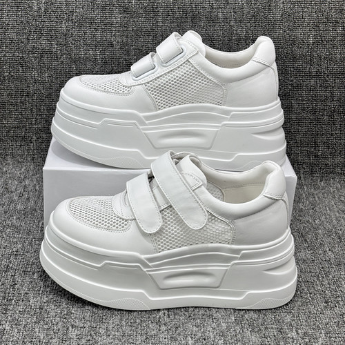 欧货2026新款真皮透气单网小白鞋女夏欧洲站魔术贴增高厚底松糕鞋