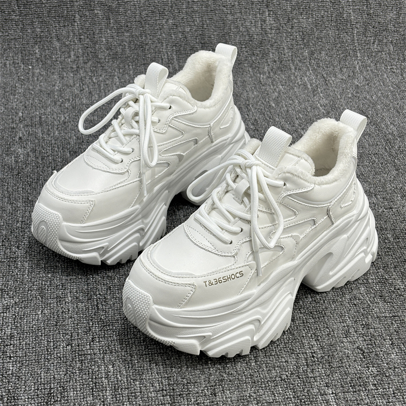 欧洲站2025冬季新款棉鞋真皮厚底增高8CM小白鞋欧货加绒老爹鞋女