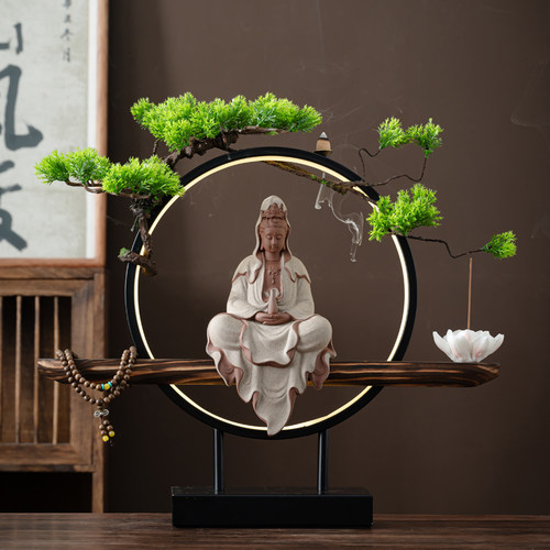 中式禅意摆件观世音菩萨佛像陶瓷家用灯圈客厅供奉倒流香玄关装饰
