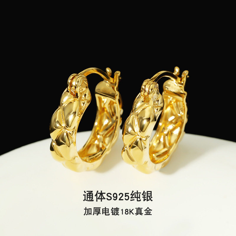 925纯银厚镀真18k耳圈时尚欧美气质菱格纹圆圈耳扣轻奢女小众耳环