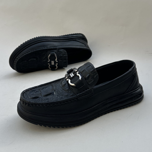 秋季新款豆豆鞋男真皮商务休闲皮鞋鳄鱼纹软底套脚懒人厚底乐福鞋