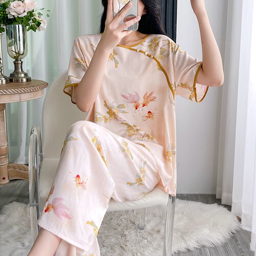 棉绸睡衣女透气夏季短袖长裤人造棉绵绸新中式薄款宽松家居服套装