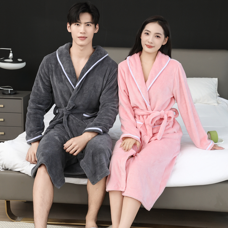 情侣睡袍秋冬中长款睡衣法兰绒浴袍加绒加厚男女珊瑚绒简约款晨袍