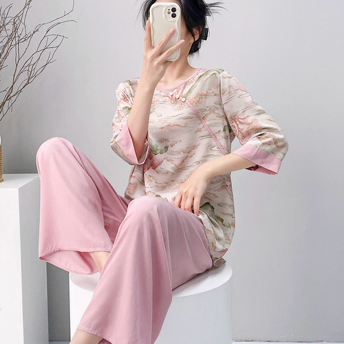 新中式女春夏棉绸睡衣宽松凉感可外穿国风人造棉绵绸家居服套装