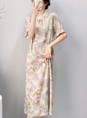 新中式复古风花色旗袍棉绸女短袖中长裙日常透气人造棉连衣裙凉感