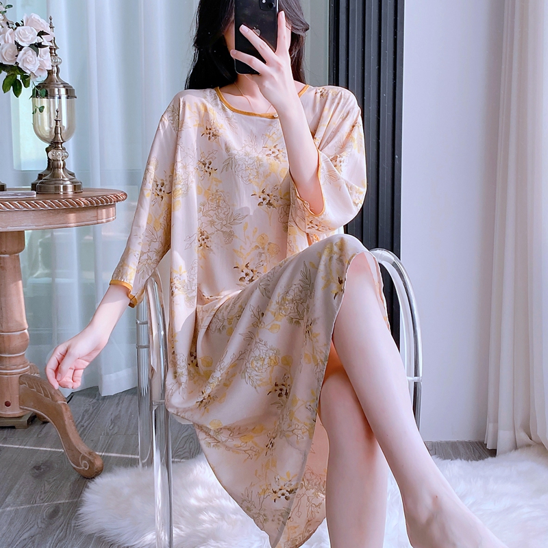 古风棉绸睡衣女夏中袖睡裙人造棉绵绸薄款宽松家居服新中式中长裙