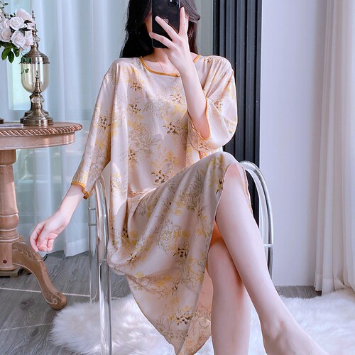 古风棉绸睡衣女夏中袖睡裙人造棉绵绸薄款宽松家居服新中式中长裙
