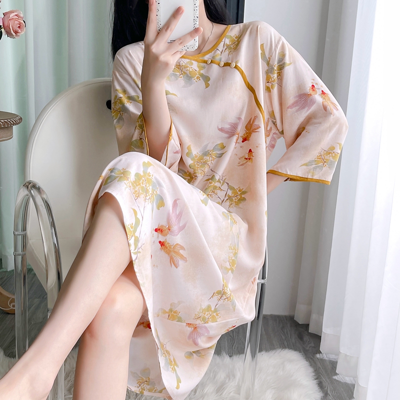 新中式棉绸睡衣女夏中袖睡裙大码人造棉绵绸薄款宽松家居服中长裙