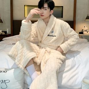 2024新款秋冬珊瑚绒睡衣男睡袍浴衣长款加绒加厚保暖法兰绒家居服