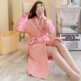 睡衣女2025秋冬网红珊瑚绒睡袍加绒厚浴袍法兰绒情侣浴衣男家居服