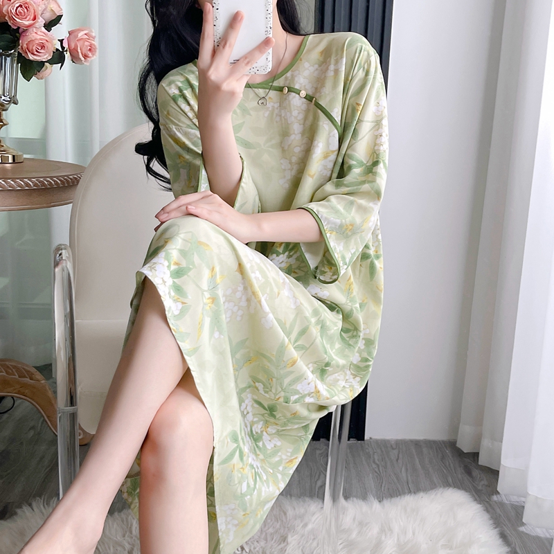 棉绸睡衣女夏季中袖睡裙大码人造棉绵绸新中式薄款宽松家居服长裙