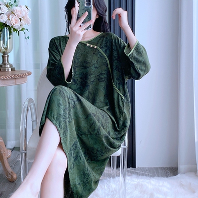 新款国风棉绸睡衣女中袖睡裙人造棉绵绸薄款宽松中式家居服中长裙