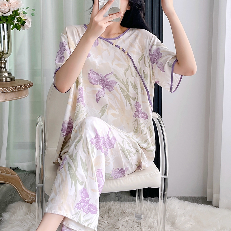 棉绸睡衣女夏季短袖长裤人造棉绵绸新中式薄款宽松家居服古风套装