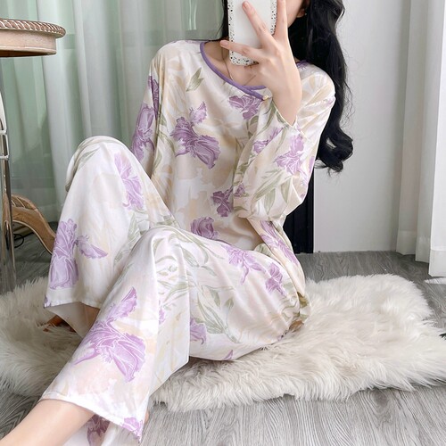 新中式长袖棉绸睡衣女士春夏人造棉绵绸薄款国潮风凉感家居服套装