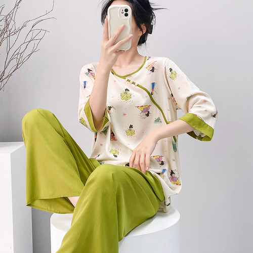 女棉绸睡衣新中式宽松凉感可外夏天国风大码人造棉绵绸套装家居服