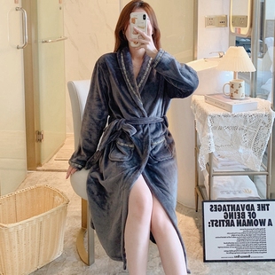 女士法兰绒浴袍睡袍男2025秋冬珊瑚绒睡衣加厚保暖宽松情侣家居服