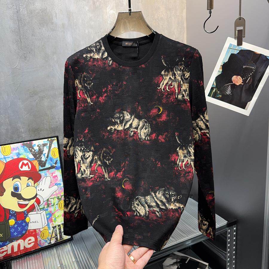 清仓捡漏~轻奢欧货高级感长袖提花印花T恤男圆领修身打底T恤