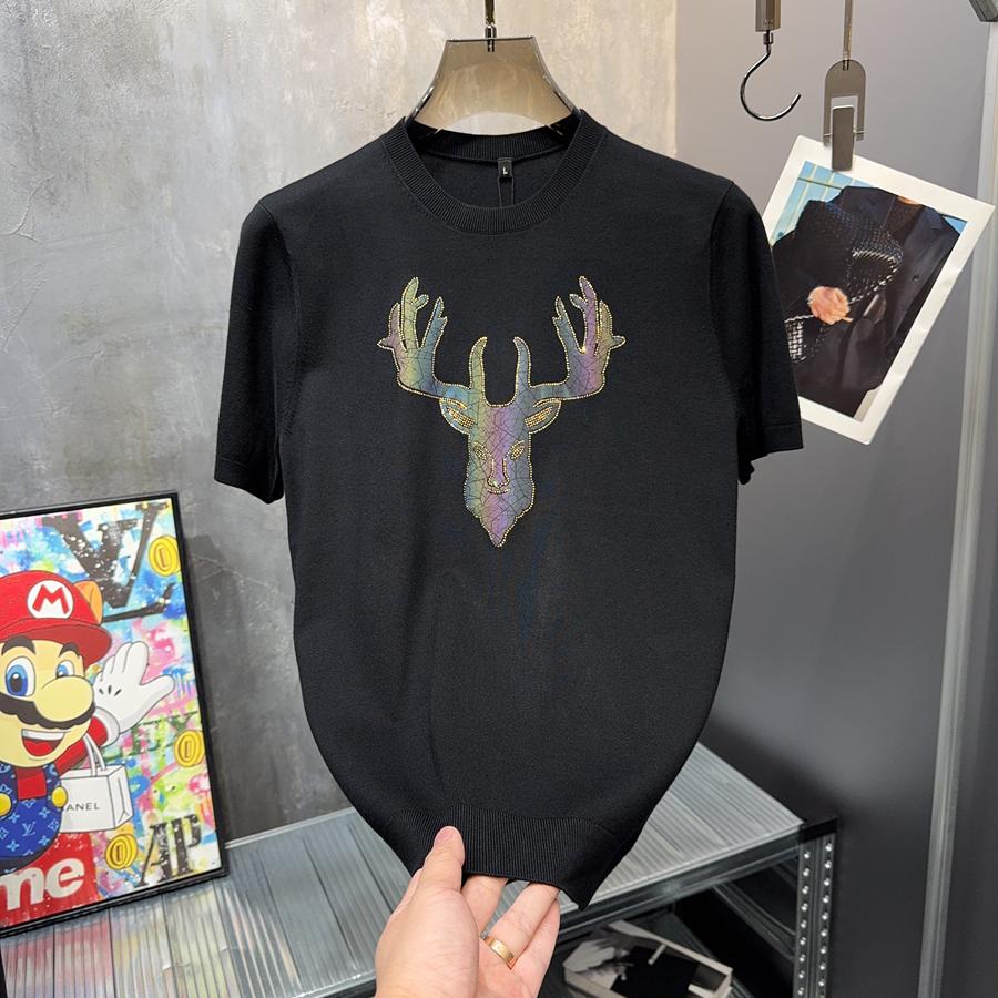 断码清仓~欧洲站新款轻奢品质烫钻小鹿男修身针织毛衣短袖打底衫