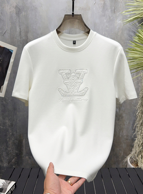 欧洲站秋冬新款欧货男士圆领修身钢印压花加厚短袖T恤打底衫轻奢