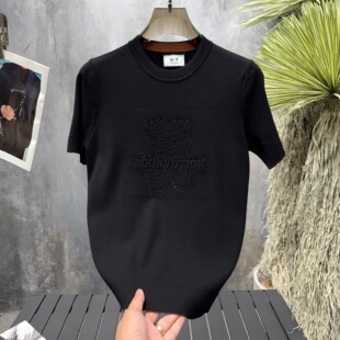 秋冬厚款男士休闲圆领修身钢印烫钻小熊极简短袖针织毛衣T恤