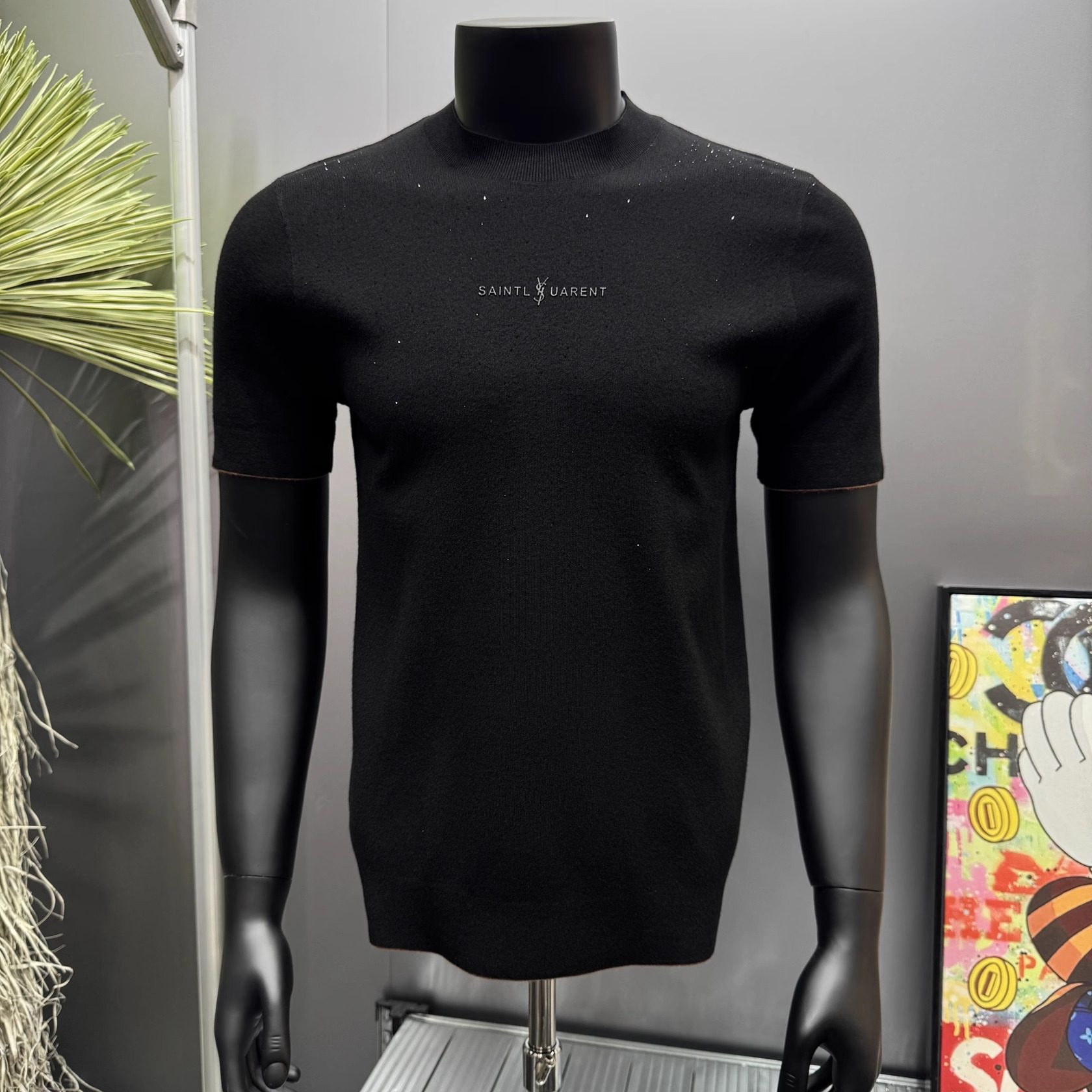 秋冬厚款男士休闲圆领修身轻奢烫钻满天星短袖针织毛衣T恤