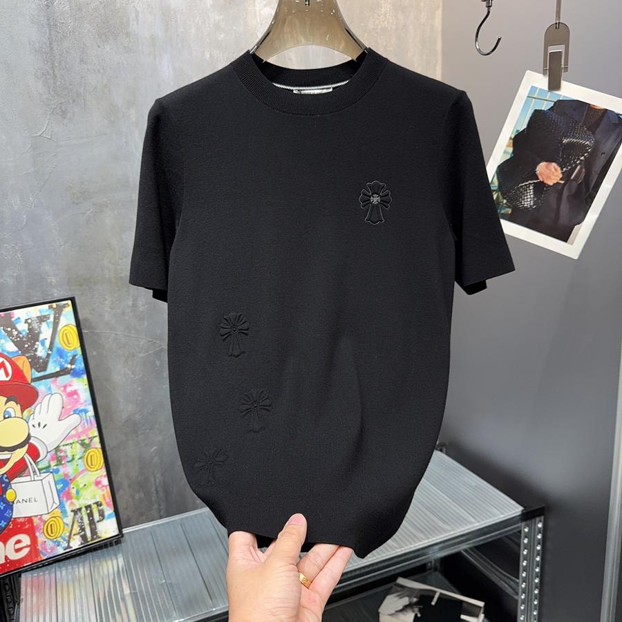 25春秋新款潮流简欧轻奢品质压花图案男修身针织毛衣短袖打底