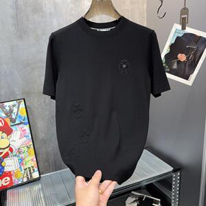 25春秋新款潮流简欧轻奢品质压花图案男修身针织毛衣短袖打底