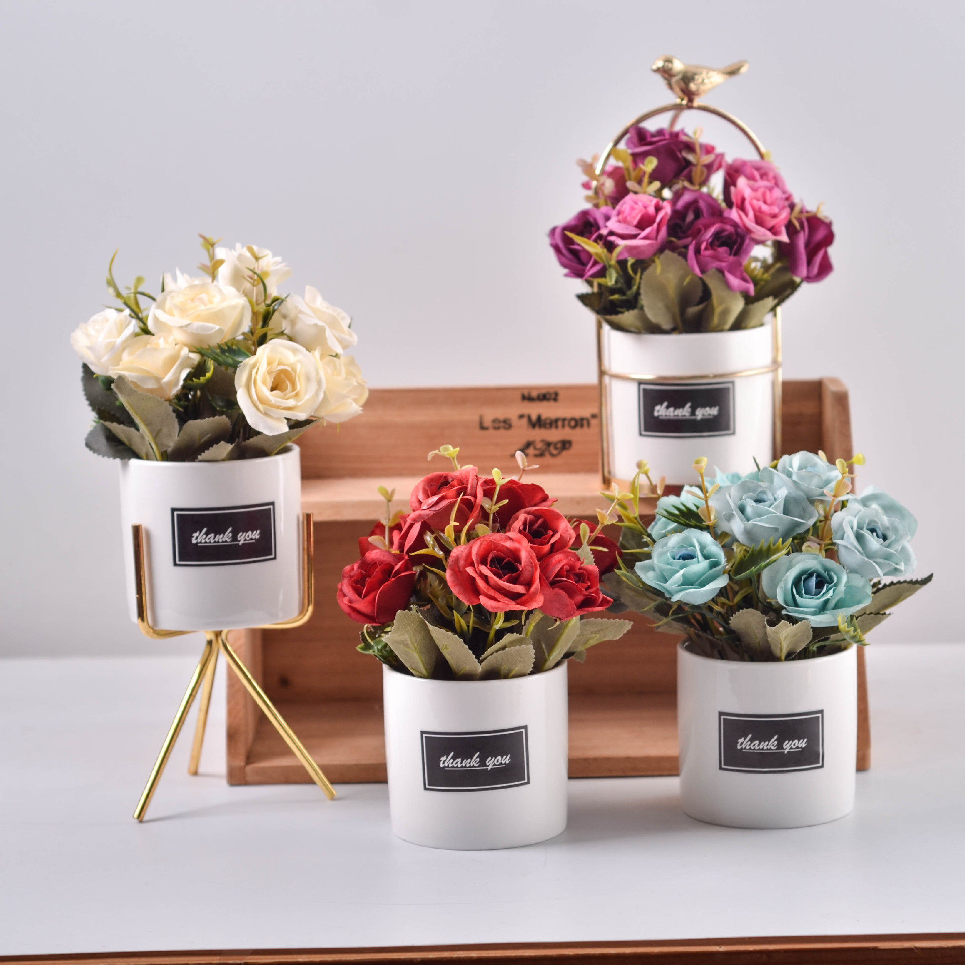 fzg7仿真芙蓉玫瑰花植物盆栽 假花盆景摆件家居装饰结婚礼物