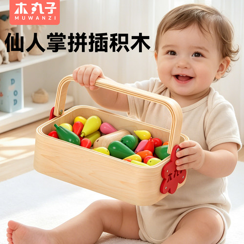 实木仙人掌拼装积木大颗粒拼插仙人球1-3岁儿童早教宝宝益智玩具