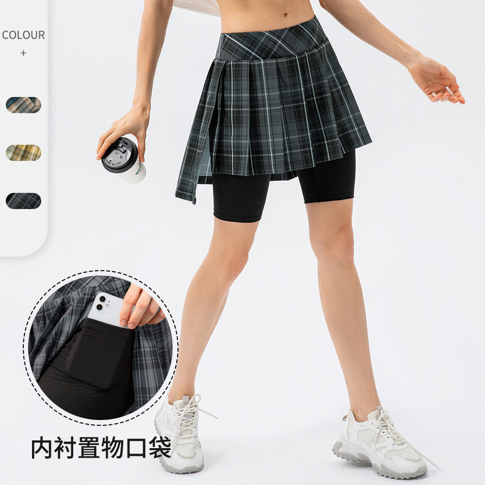 女运动格子假两件网球裙户外跑步健身训练防走光运动裙裤内置口袋