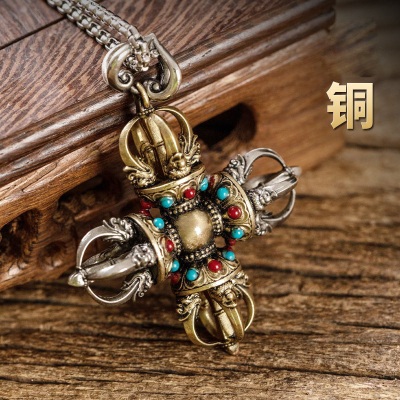 十字金刚杵吊坠藏式黄铜车饰挂件尼泊尔普巴金刚橛念珠配饰礼品纯