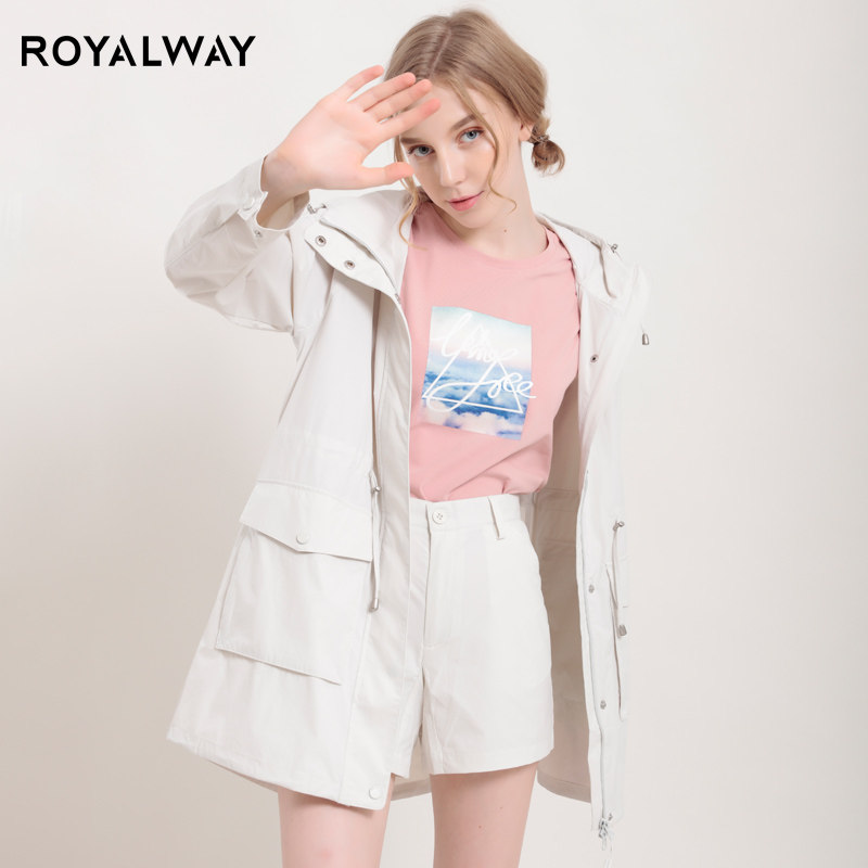 ROYALWAY休闲风衣女中长款春秋连帽开衫收腰显瘦防风徒步外套上衣
